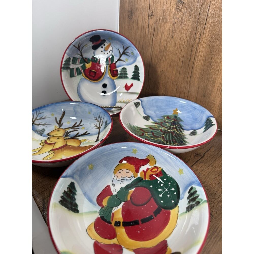 4 Christmas Pasta Soup Bowls Tree ReinDeer Snowman Royal Seasons Holiday